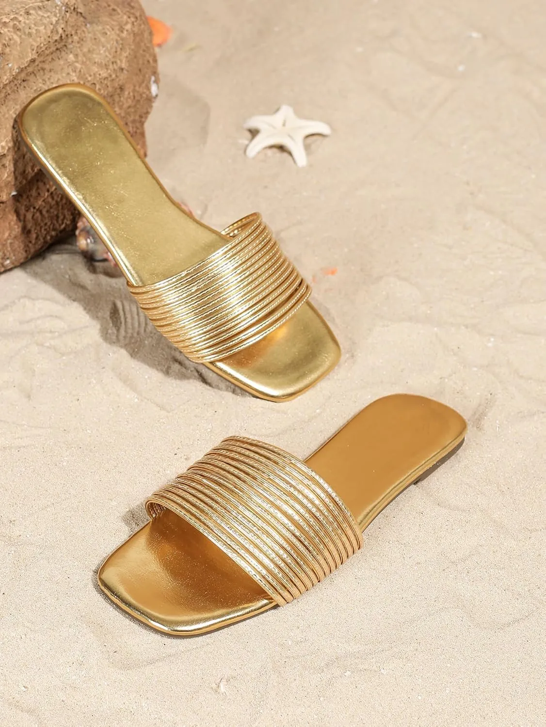 Verdusa Women's Square Toe Strappy Flat Sandals Slip On Metallic Sandal