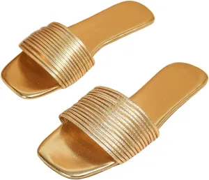 Verdusa Women's Square Toe Strappy Flat Sandals Slip On Metallic Sandal
