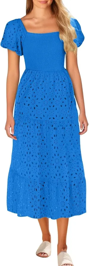 Vintage Floral Hollow Out Pleated Dress for Women Trendy Puff Sleeve Ruffle Hem Maxi Dresses Working Business Wear