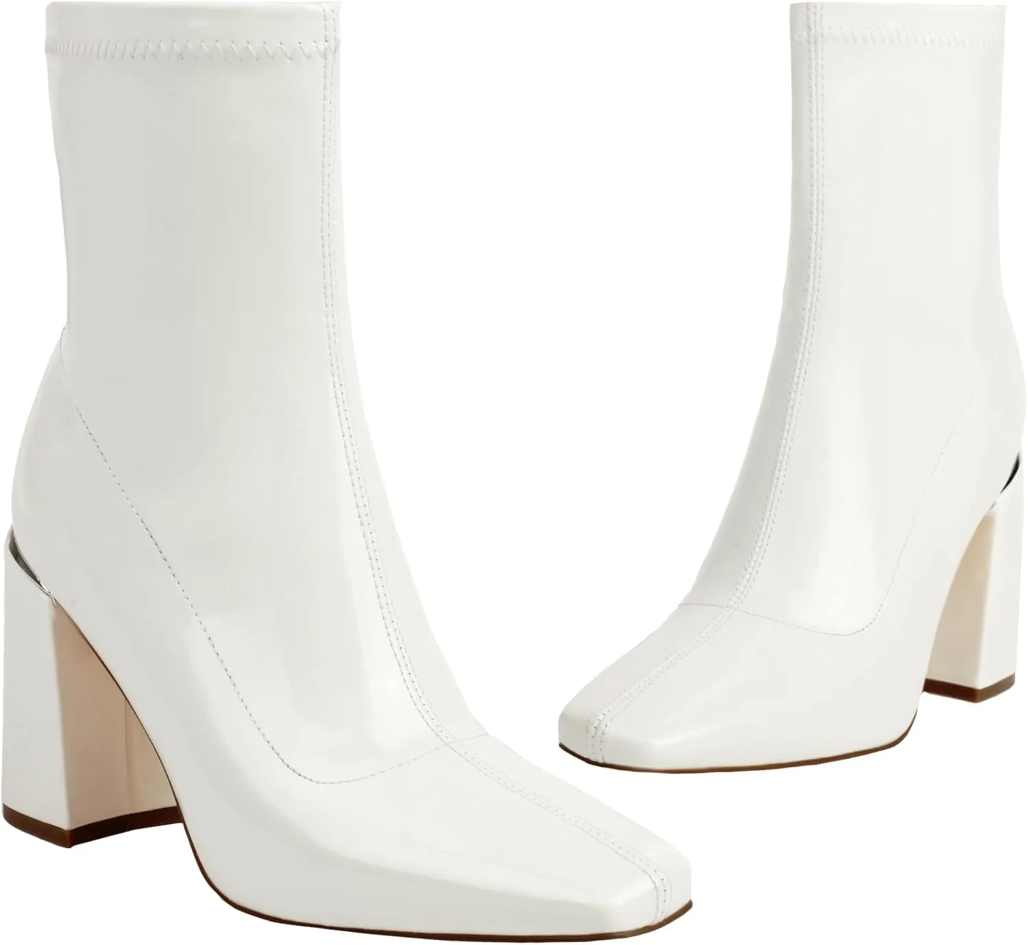 vivianly Womens Square Toe Ankle Booties Chunky Heel Boots Side Zipper Patent Leather Mid-Calf Boots