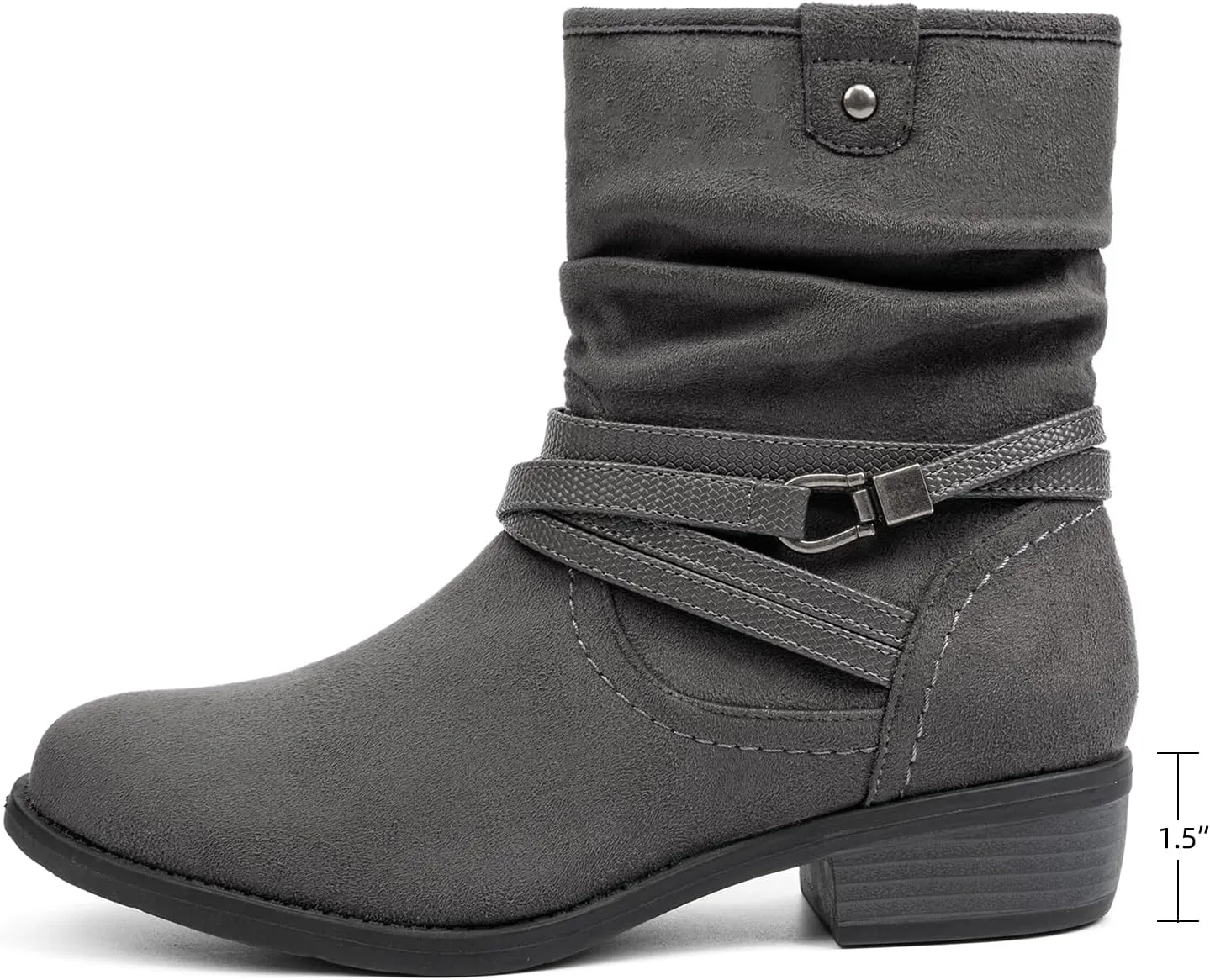 VJH confort Women's Mid Calf Boot,Round Toe Low Heel Comfort Slouchy Bootie with Side Zipper Buckle Strap