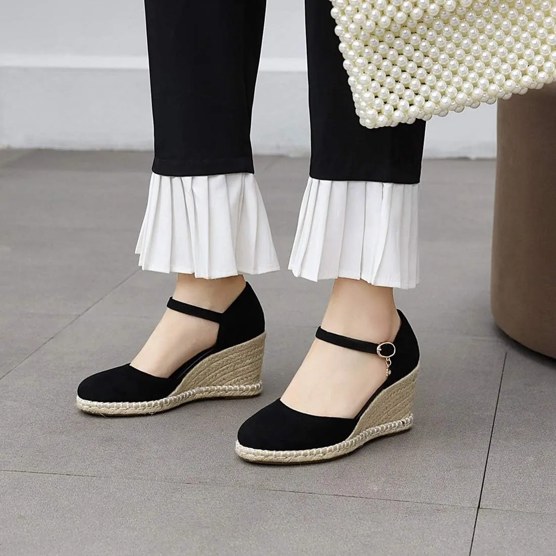 VOKLIN Women's Espadrilles Wedge Dress Pumps Round Toe Suede Ankle Strap Casual Platform High Heel Pump Shoes