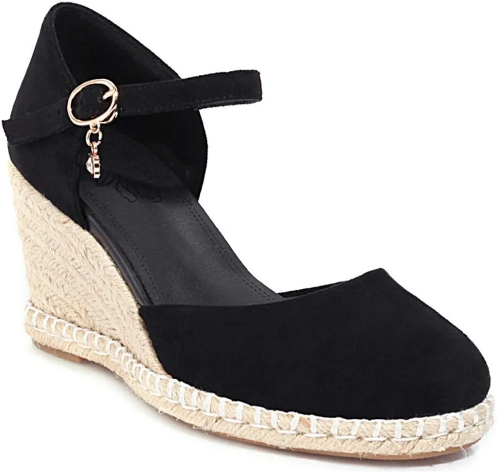 VOKLIN Women's Espadrilles Wedge Dress Pumps Round Toe Suede Ankle Strap Casual Platform High Heel Pump Shoes