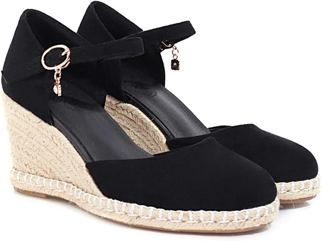 VOKLIN Women's Espadrilles Wedge Dress Pumps Round Toe Suede Ankle Strap Casual Platform High Heel Pump Shoes