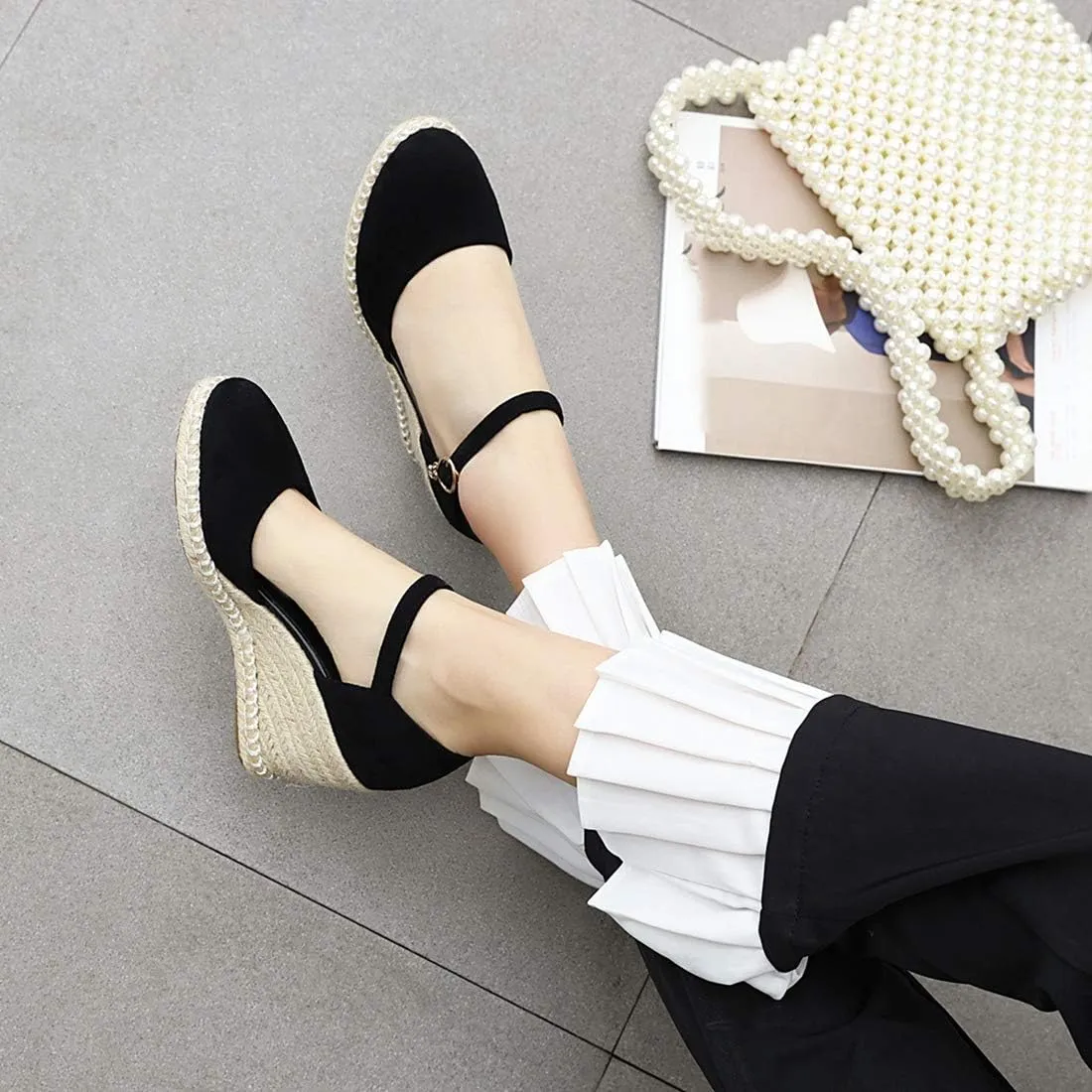 VOKLIN Women's Espadrilles Wedge Dress Pumps Round Toe Suede Ankle Strap Casual Platform High Heel Pump Shoes