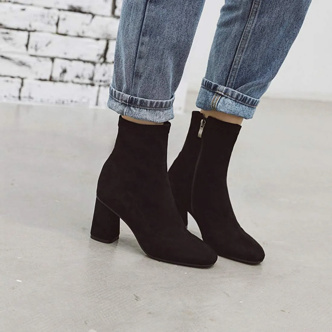 VOKLIN Women's Square Toe Stretch Ankle Boots Vegan Suede Zipper Chunky Block High Heel Dressy Short Booties