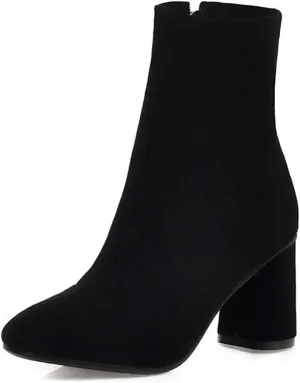 VOKLIN Women's Square Toe Stretch Ankle Boots Vegan Suede Zipper Chunky Block High Heel Dressy Short Booties
