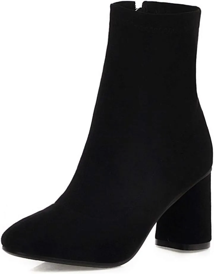 VOKLIN Women's Square Toe Stretch Ankle Boots Vegan Suede Zipper Chunky Block High Heel Dressy Short Booties