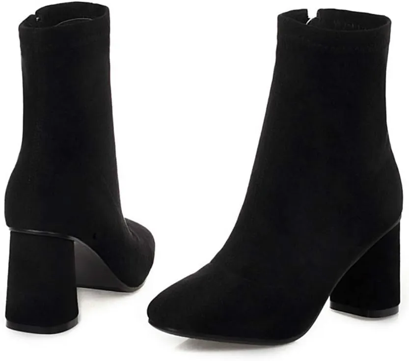 VOKLIN Women's Square Toe Stretch Ankle Boots Vegan Suede Zipper Chunky Block High Heel Dressy Short Booties