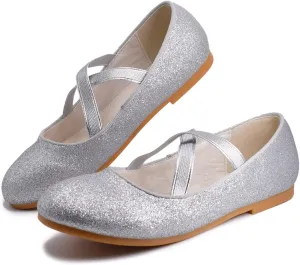 W&LESVAGO Girls Glitter Princess Ballet Flats with Elastic Strap, Mary Jane Dress Shoes for Girl Back to School Wedding Party(Little Kid/Big Kids)