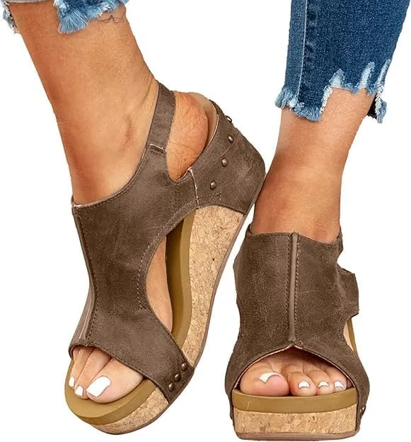 Wedge Sandals for Women Dressy Summer,Womens Espadrilles Platform Wedges Mid Heel Leather Sandals Buckle Open Toe Ankle Strap Comfortable Casual Summer Shoes