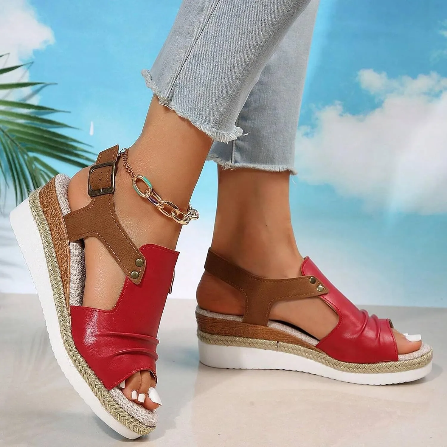 Wedge Sandals for Women,Espadrilles for Women Open Toe Ankle Strap Wedge Heels Sandals Platform Dressy Summer Sandals Wide Width Comfortable Orthopedic Sandals Casual