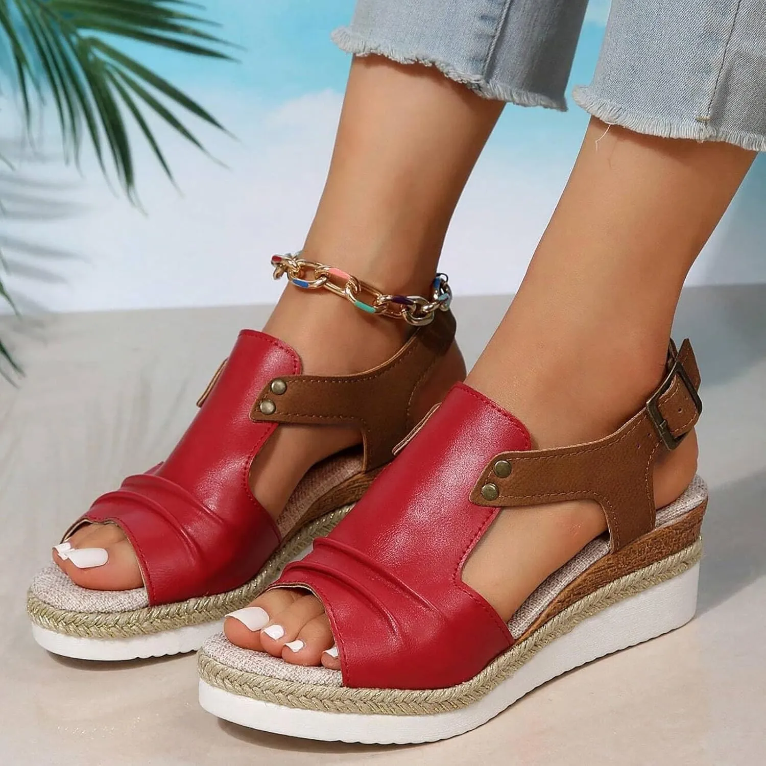 Wedge Sandals for Women,Espadrilles for Women Open Toe Ankle Strap Wedge Heels Sandals Platform Dressy Summer Sandals Wide Width Comfortable Orthopedic Sandals Casual
