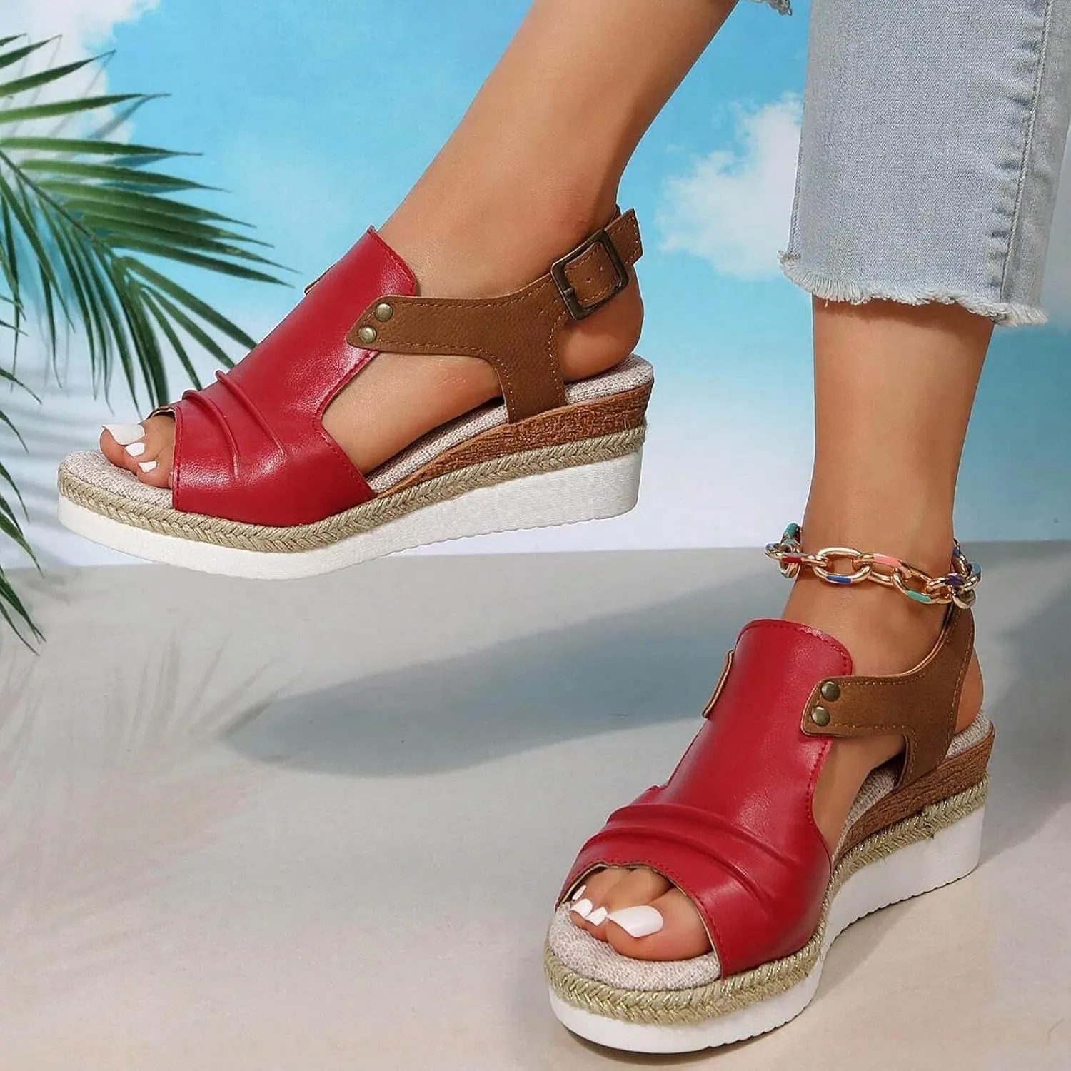 Wedge Sandals for Women,Espadrilles for Women Open Toe Ankle Strap Wedge Heels Sandals Platform Dressy Summer Sandals Wide Width Comfortable Orthopedic Sandals Casual