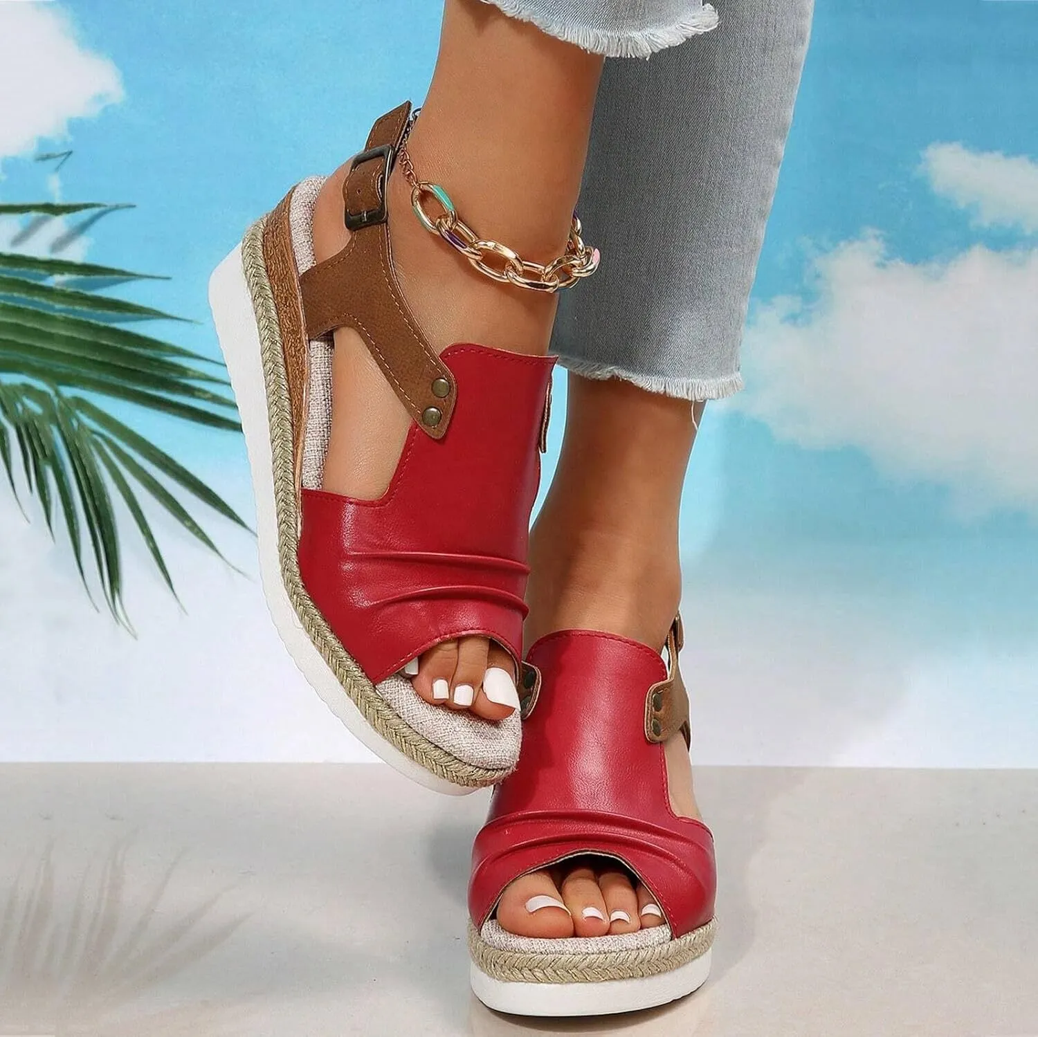 Wedge Sandals for Women,Espadrilles for Women Open Toe Ankle Strap Wedge Heels Sandals Platform Dressy Summer Sandals Wide Width Comfortable Orthopedic Sandals Casual