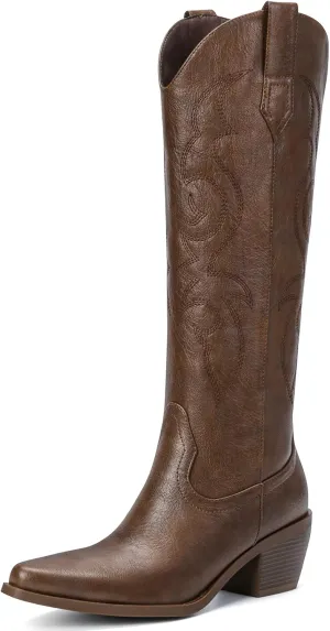 White Cowboy Boots for Women - Wide Calf Rhinestone Cowgirl Boots, Women Knee High Western Boots, Glitter Sparkly Ladies Tall Boots with Classic Embroidery and Side Zipper, Retro Classic Country Boots Pull On for Ladies