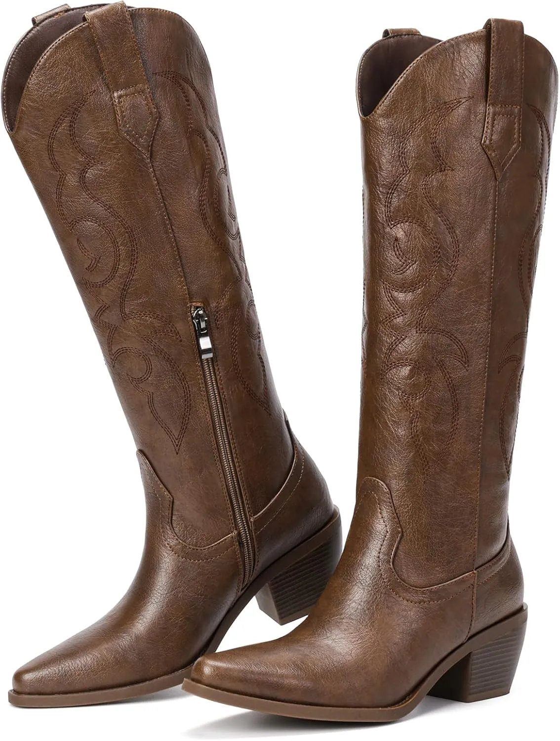White Cowboy Boots for Women - Wide Calf Rhinestone Cowgirl Boots, Women Knee High Western Boots, Glitter Sparkly Ladies Tall Boots with Classic Embroidery and Side Zipper, Retro Classic Country Boots Pull On for Ladies