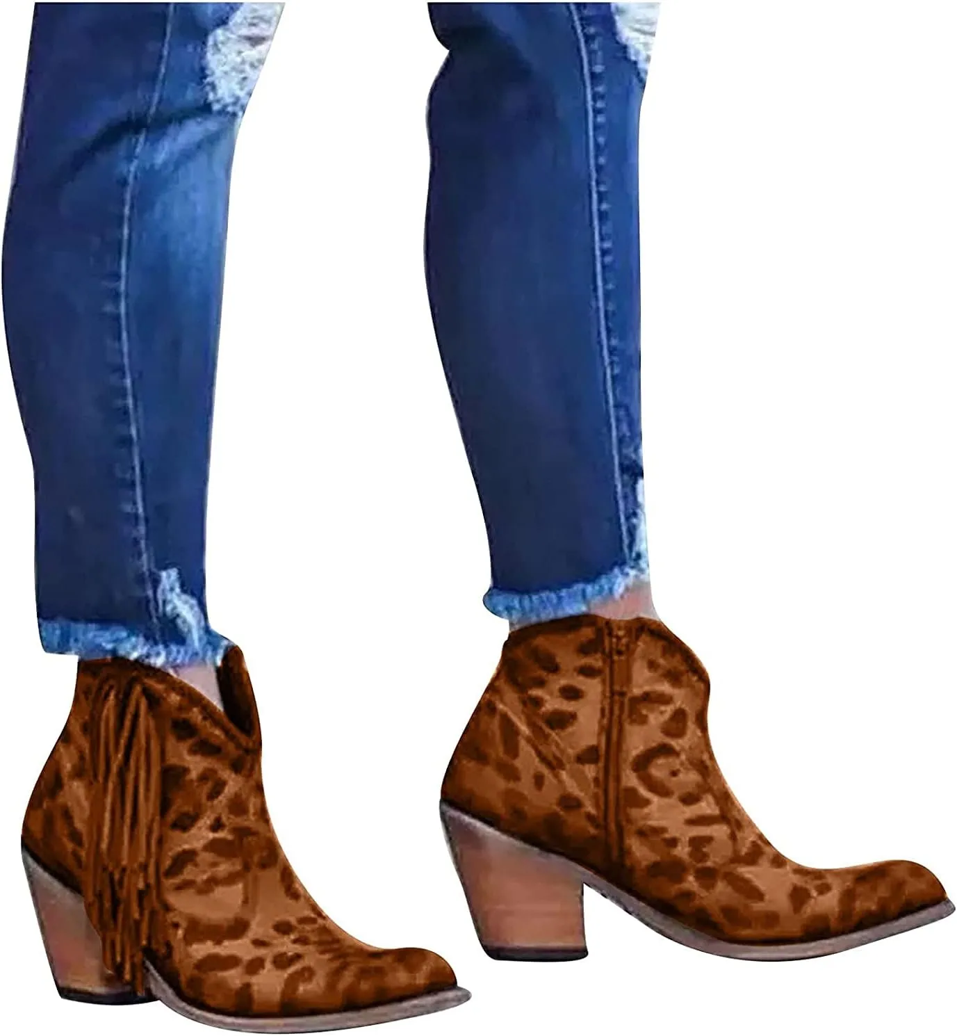 Women Ankle Boots Fashion Fringe Boots Retro Suede Block Heel Ankle Boots Sexy Pointed Toe Leopard Ankle Boots Casual Chelsea Boots Pull-On Biker Boots Outdoor Shoes