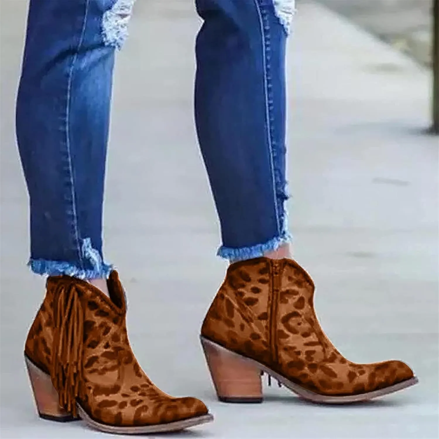 Women Ankle Boots Fashion Fringe Boots Retro Suede Block Heel Ankle Boots Sexy Pointed Toe Leopard Ankle Boots Casual Chelsea Boots Pull-On Biker Boots Outdoor Shoes