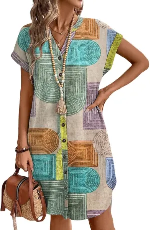 Women Button Down Shirt Dress Boho Pattern V Neck Short Sleeve Mini Shift Dress Beach Outing