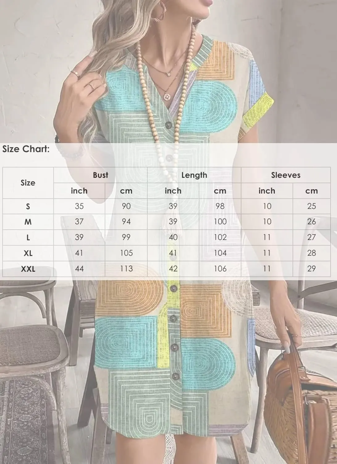 Women Button Down Shirt Dress Boho Pattern V Neck Short Sleeve Mini Shift Dress Beach Outing