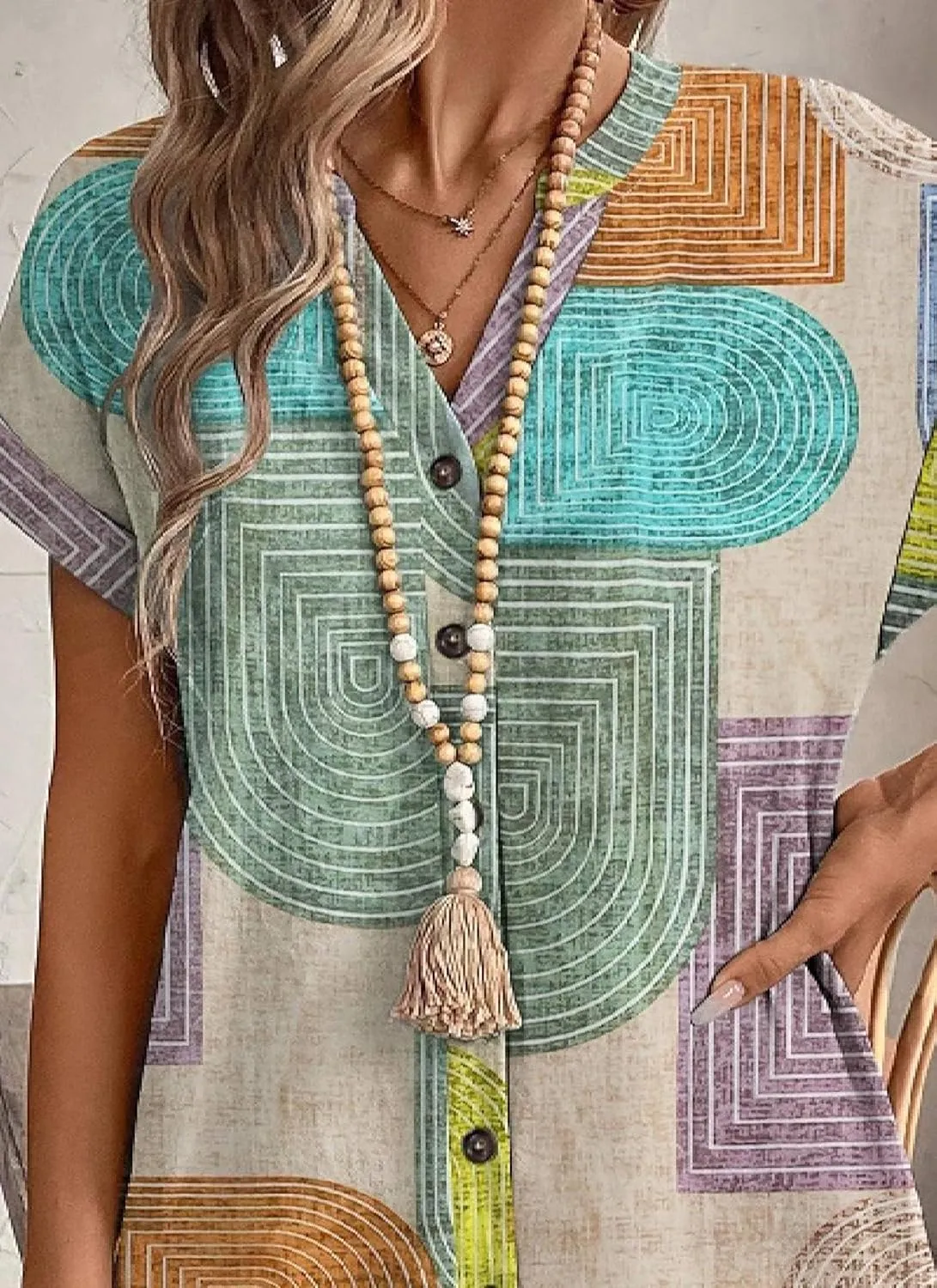 Women Button Down Shirt Dress Boho Pattern V Neck Short Sleeve Mini Shift Dress Beach Outing