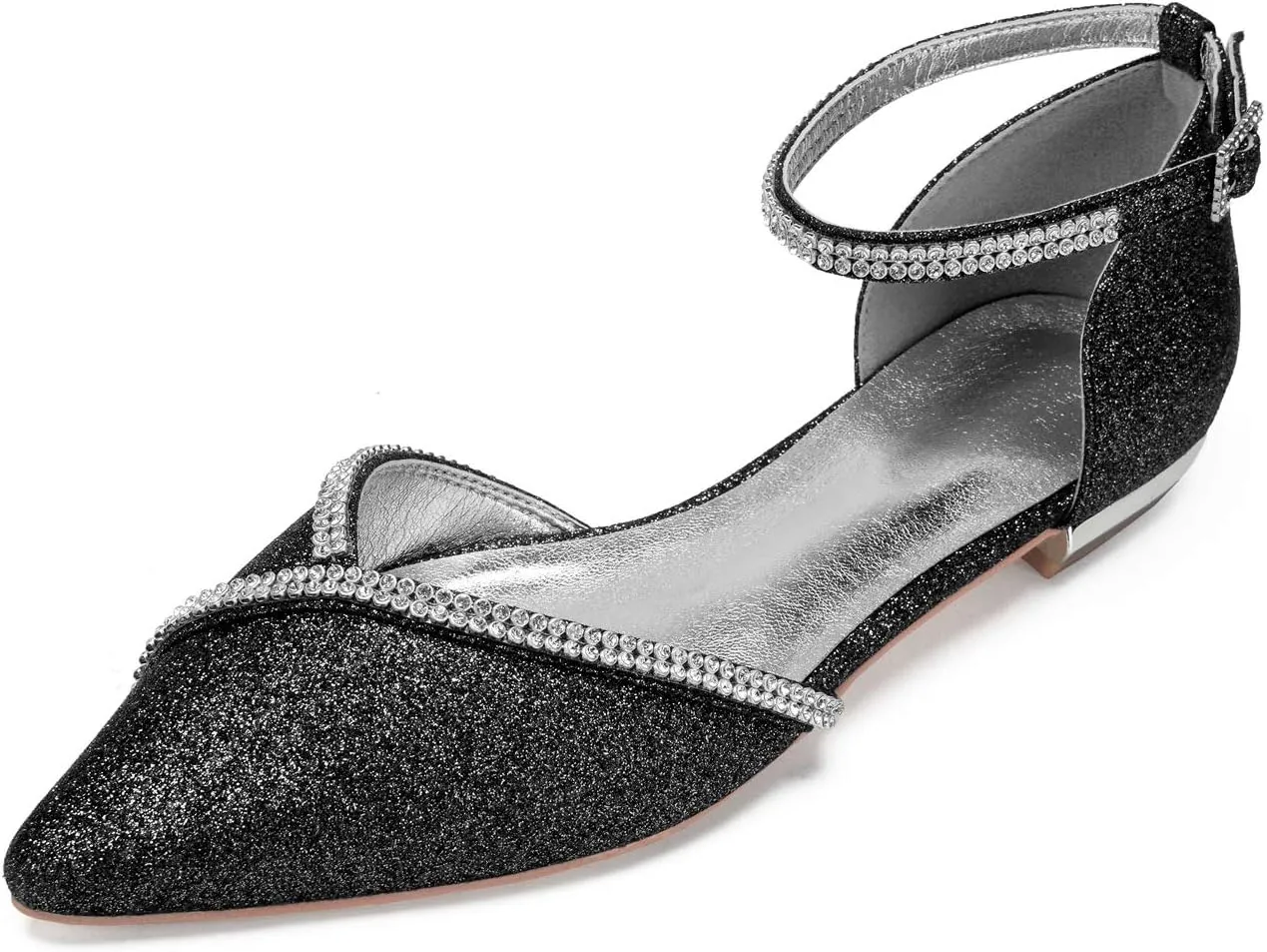 Women Glitter Crystals Wedding Flats Shoes for Bride Pointed Toe Prom Evening Party Dress Flats 5047-1/25F