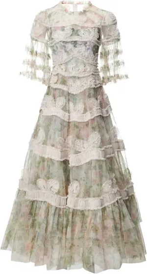 Women Mesh Printing Dresses Spliced Lace Women Round Neck Short Sleeve Pleated Dress Female