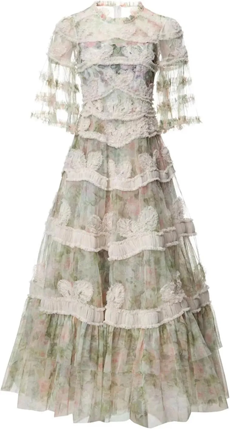 Women Mesh Printing Dresses Spliced Lace Women Round Neck Short Sleeve Pleated Dress Female
