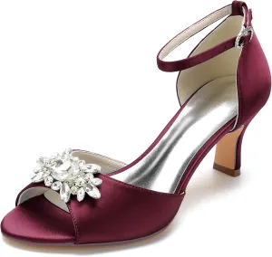 Women Peep Toe Wedding Shoes Bride Satin with Rhinestone Bridal Shoes Mid Heel Ankle Strap Prom Party Dress Sandals