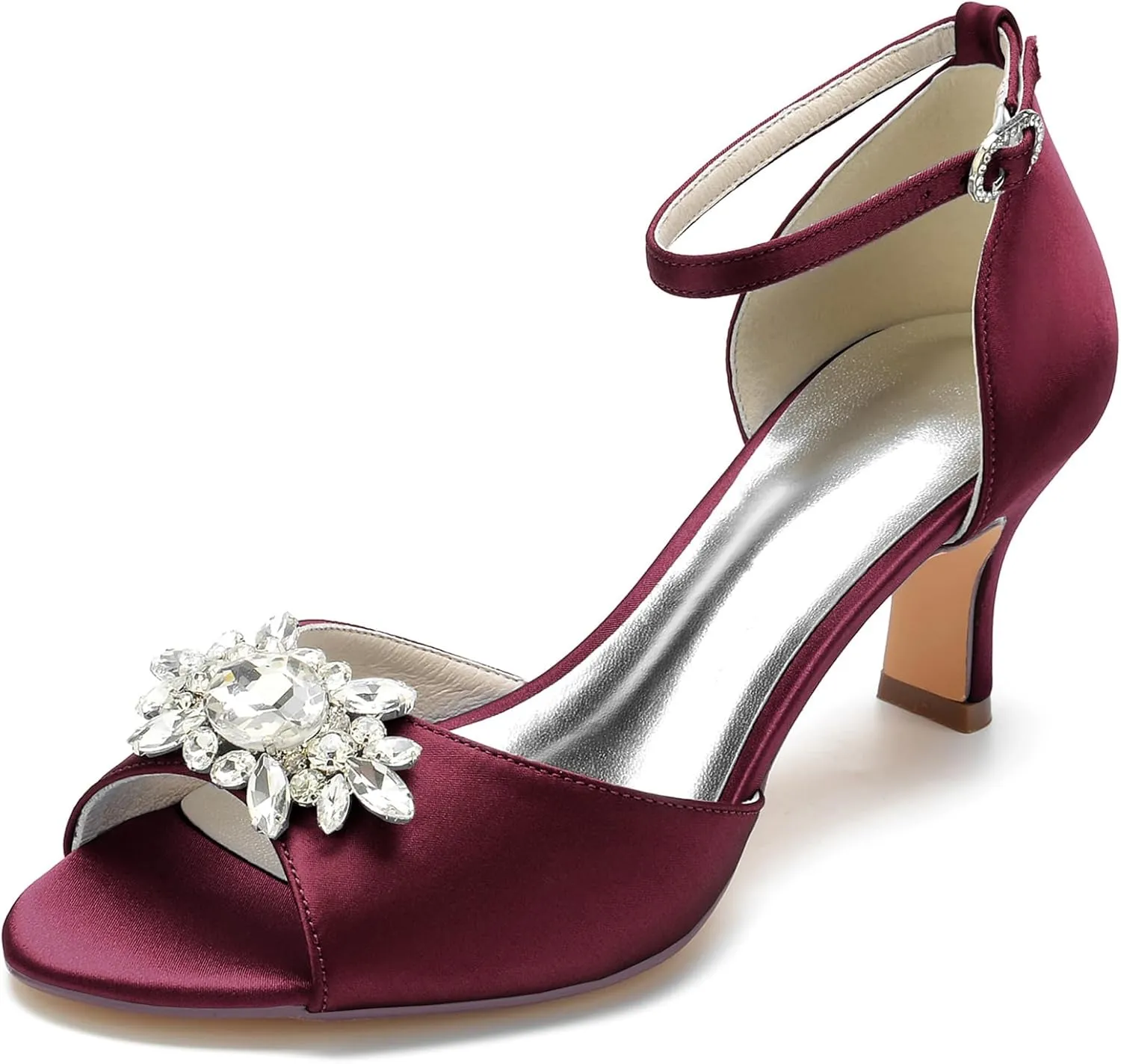 Women Peep Toe Wedding Shoes Bride Satin with Rhinestone Bridal Shoes Mid Heel Ankle Strap Prom Party Dress Sandals