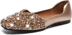 Women Rhinestone Flats Silver,Square Toe Bling Glitter Dressy Casual Bridal Wedding Sparkly Comfortable Shoe