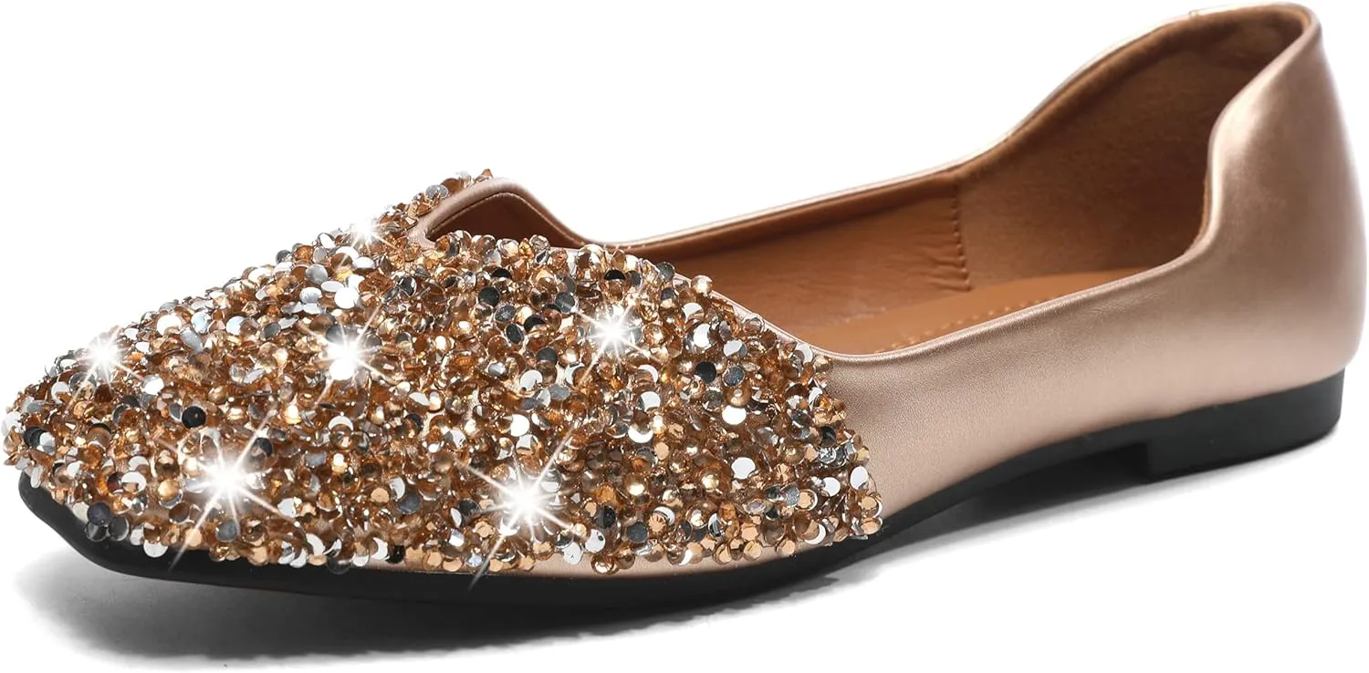 Women Rhinestone Flats Silver,Square Toe Bling Glitter Dressy Casual Bridal Wedding Sparkly Comfortable Shoe