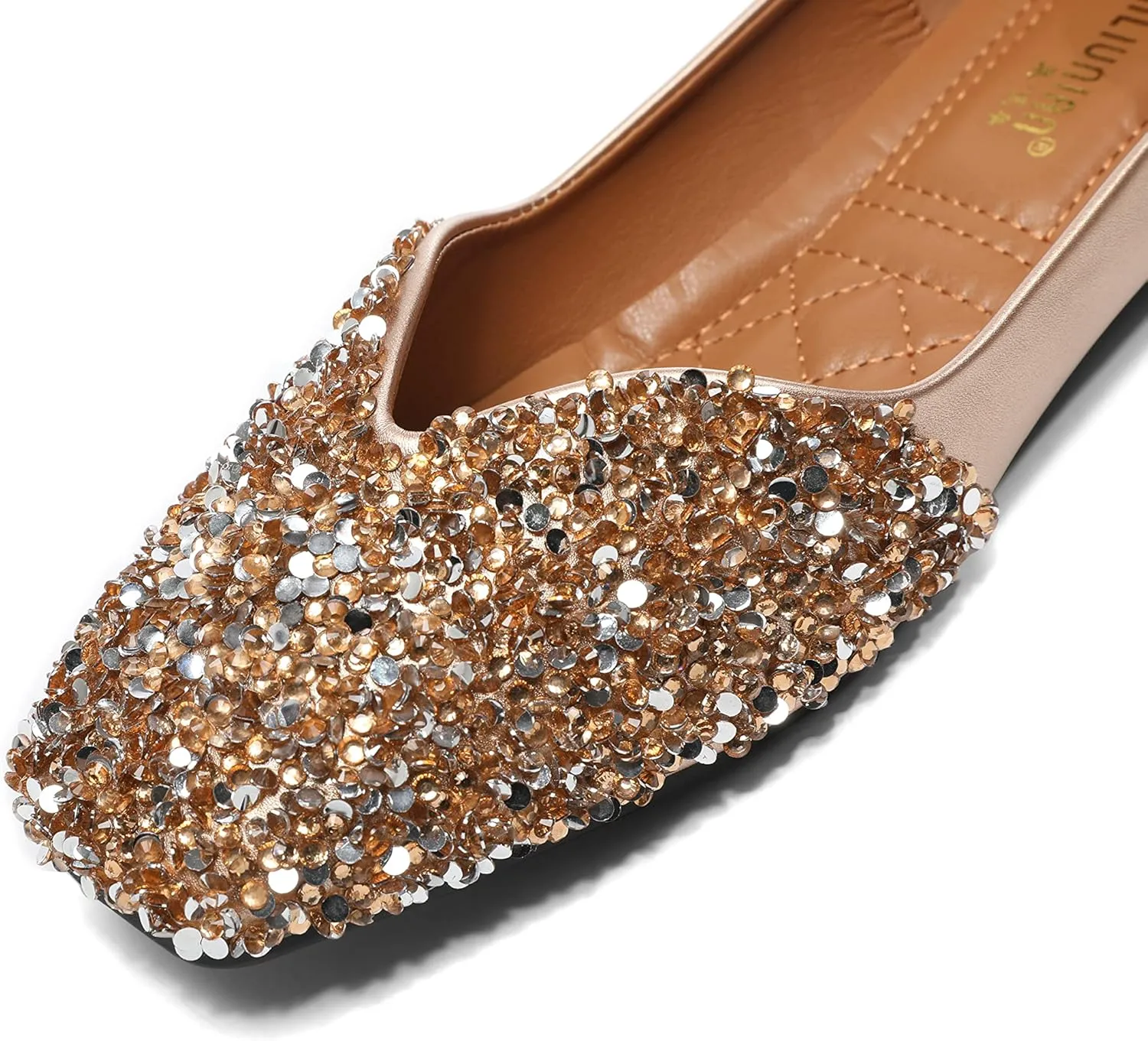 Women Rhinestone Flats Silver,Square Toe Bling Glitter Dressy Casual Bridal Wedding Sparkly Comfortable Shoe