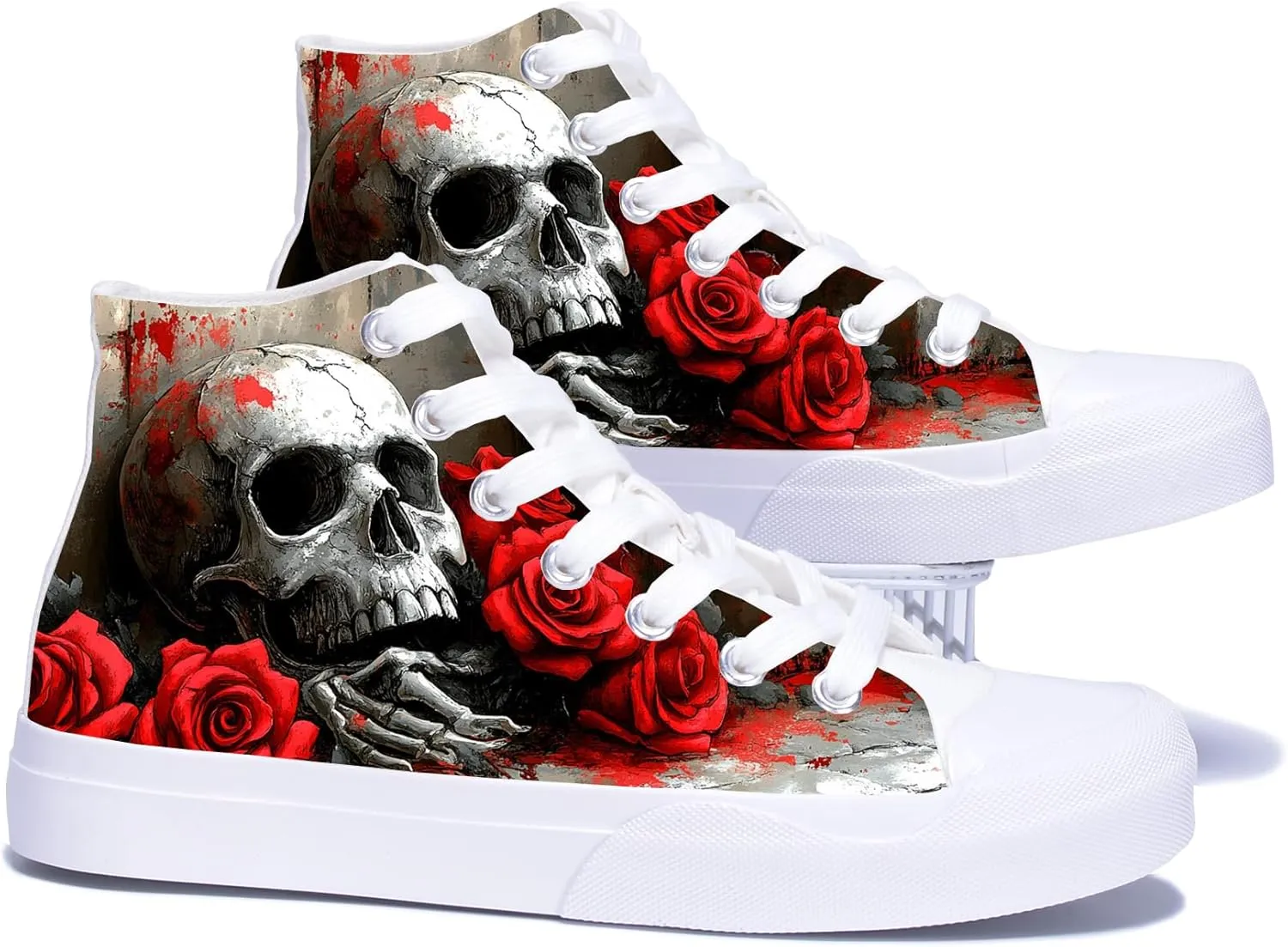 Women Skull Shoes Red Roses Print Gothic Cool High Top Fashion Sneakers for Men Teen Student Canvas Shoes for Ladies