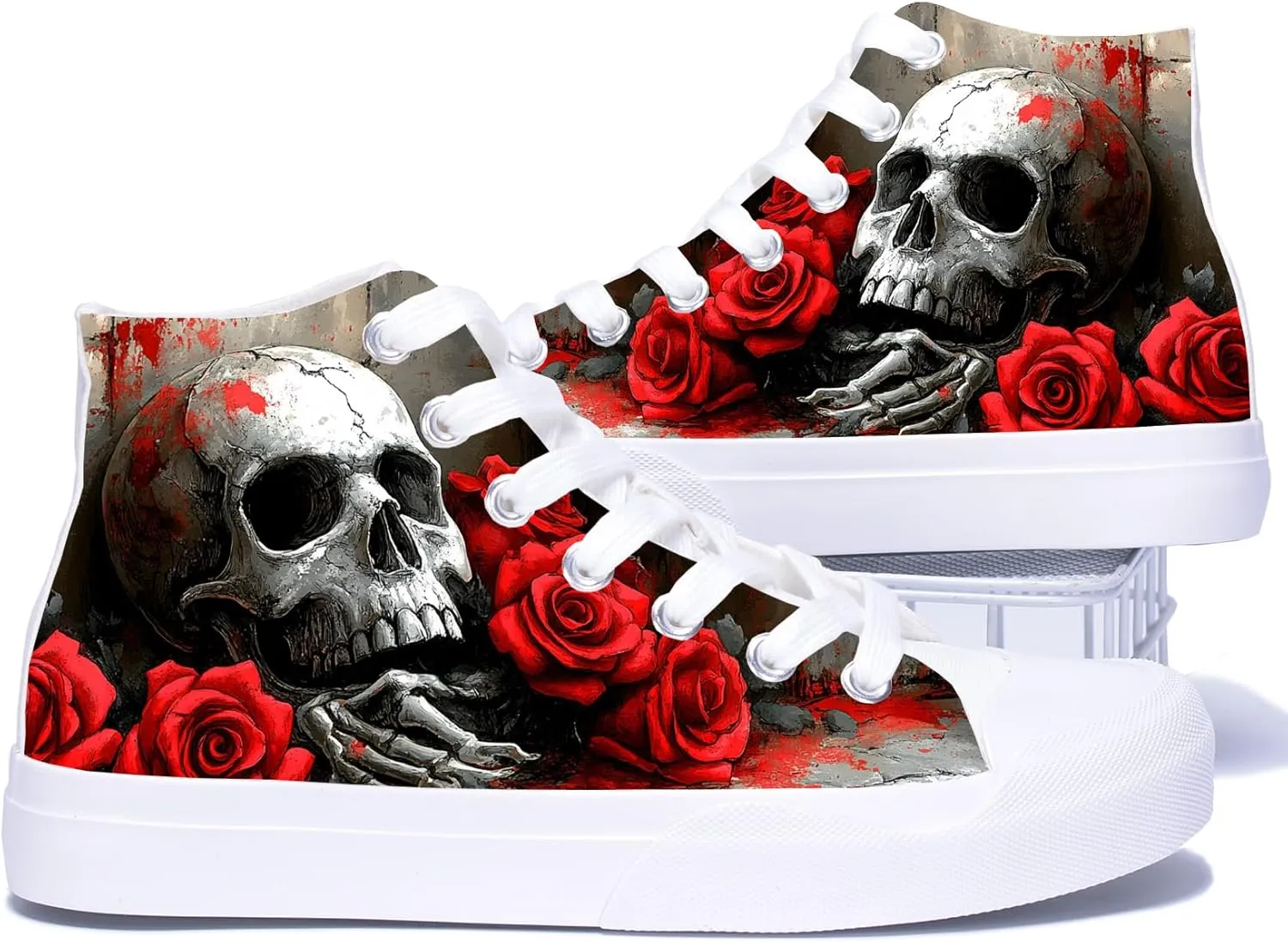Women Skull Shoes Red Roses Print Gothic Cool High Top Fashion Sneakers for Men Teen Student Canvas Shoes for Ladies