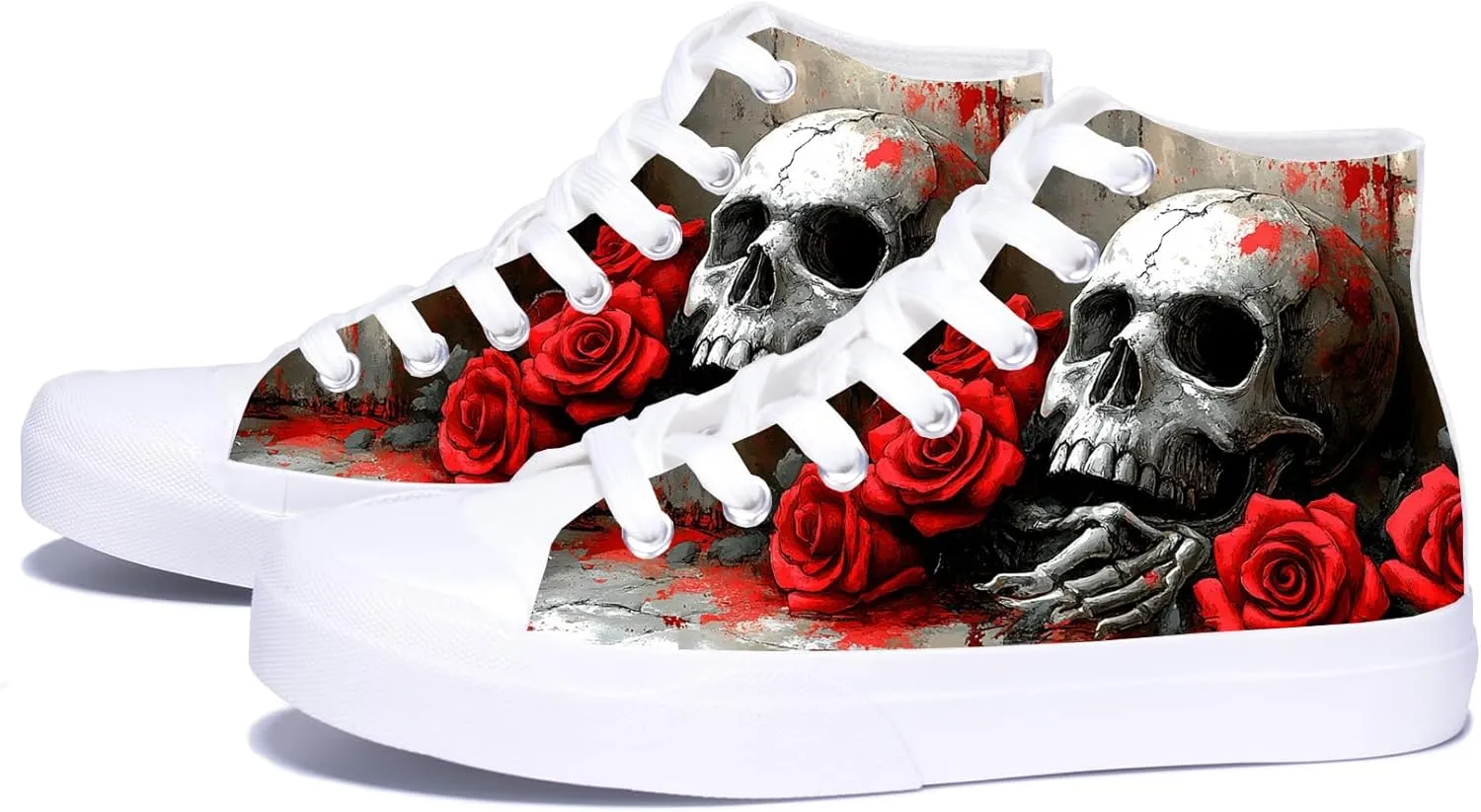 Women Skull Shoes Red Roses Print Gothic Cool High Top Fashion Sneakers for Men Teen Student Canvas Shoes for Ladies