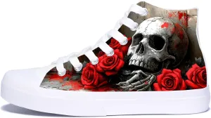 Women Skull Shoes Red Roses Print Gothic Cool High Top Fashion Sneakers for Men Teen Student Canvas Shoes for Ladies
