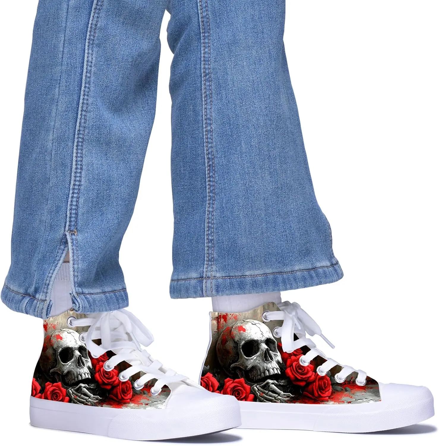 Women Skull Shoes Red Roses Print Gothic Cool High Top Fashion Sneakers for Men Teen Student Canvas Shoes for Ladies