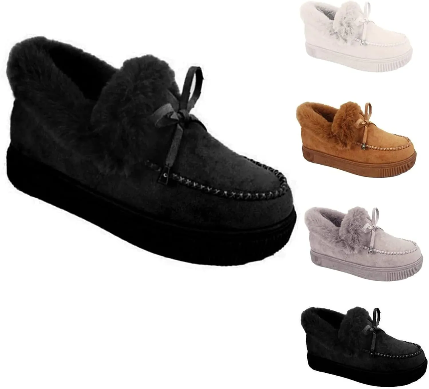 Women Winter Warm Faux Fur Lined Booties Ankle Moccasin Slippers Loafers Shoes (Black,8-8.5)