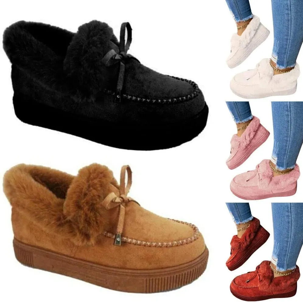 Women Winter Warm Faux Fur Lined Booties Ankle Moccasin Slippers Loafers Shoes (Black,8-8.5)