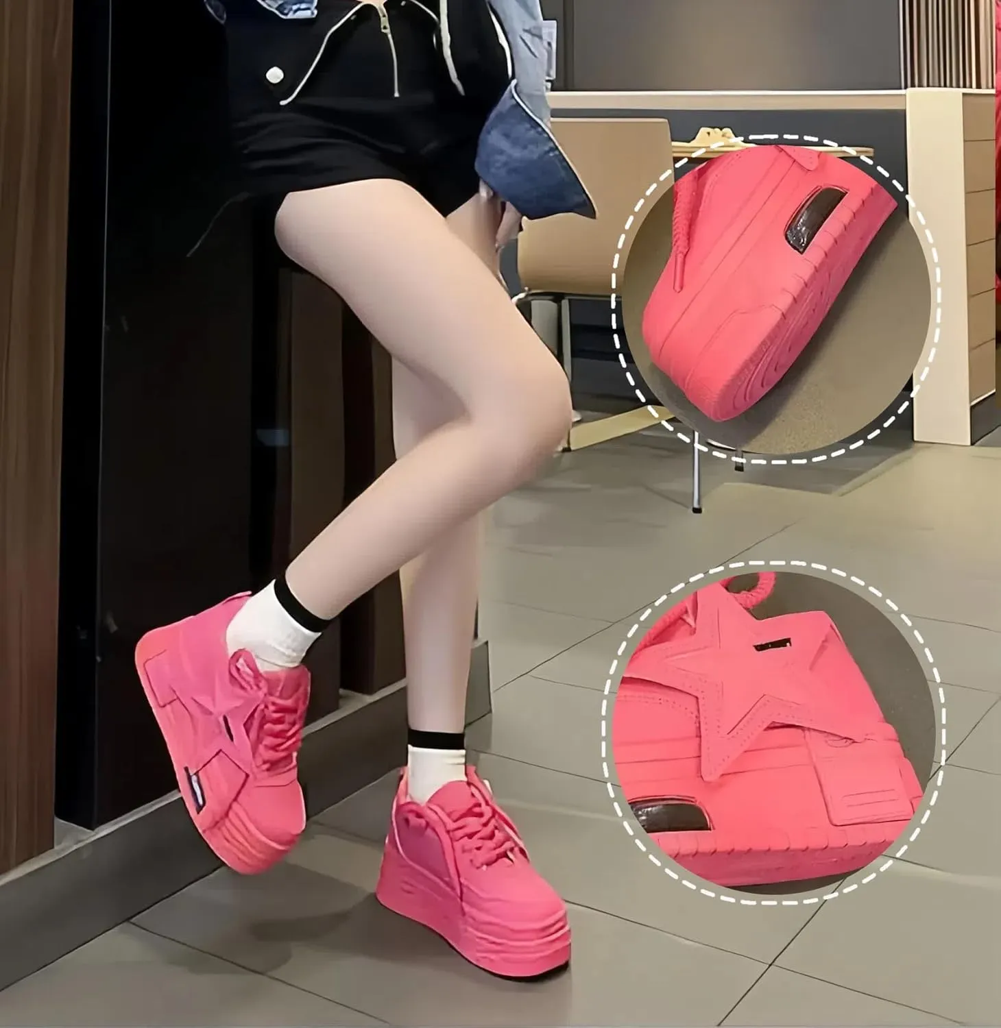 Women Y2K Chunky Sneakers, 3D Star Patch Streetwear, Eye-Catching Dopamine Color 5cm Height Boost Teens Walking Shoes Breathble