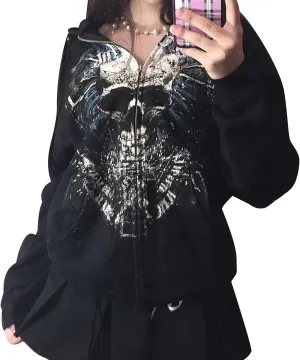 Women Zip Up Hoodie Y2k Vintage Skeleton Graphic Oversized Hooded Sweatshirt Aesthetic Jacket Grunge Clothes