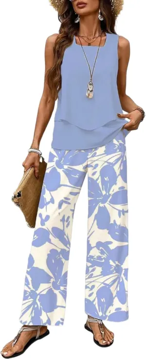 Women's 2 Piece Outfits Green Sleeveless Double Layer Top and Leaf Print Wide Leg Pants Lounge Sets 2025 Summer Trendy