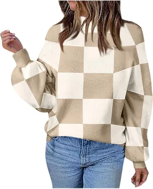 Women's 2024 Fall Fashion Long Sleeve Crewneck Sweaters Color Block Ribbed Knit Loose Pullover Sweater Tops Winter