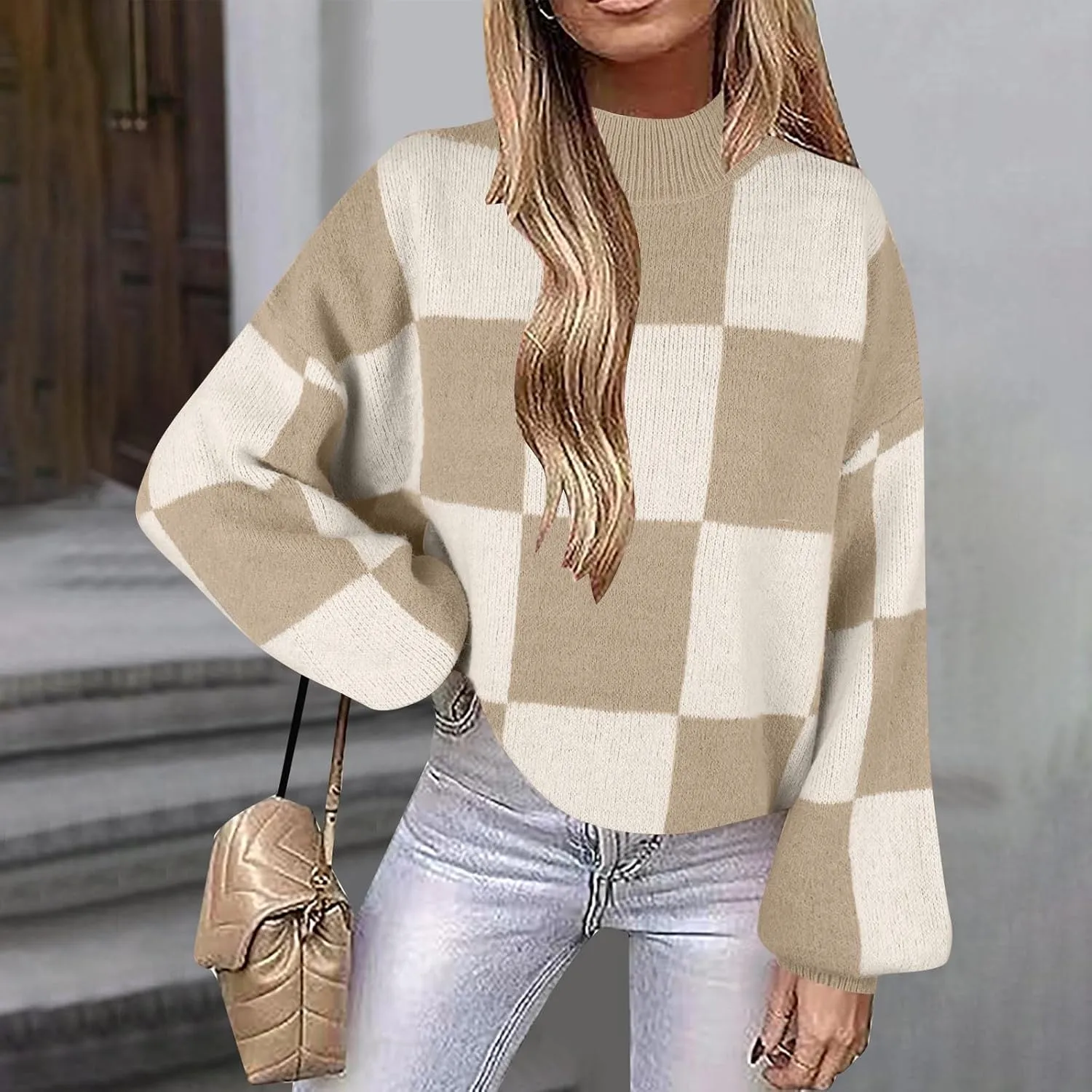 Women's 2024 Fall Fashion Long Sleeve Crewneck Sweaters Color Block Ribbed Knit Loose Pullover Sweater Tops Winter
