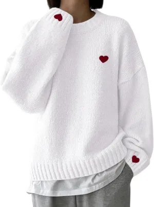 Women's 2024 Fall Fashion Long Sleeve Pullover Knit Heart Shaped Printed Sweaters Trendy Outfits