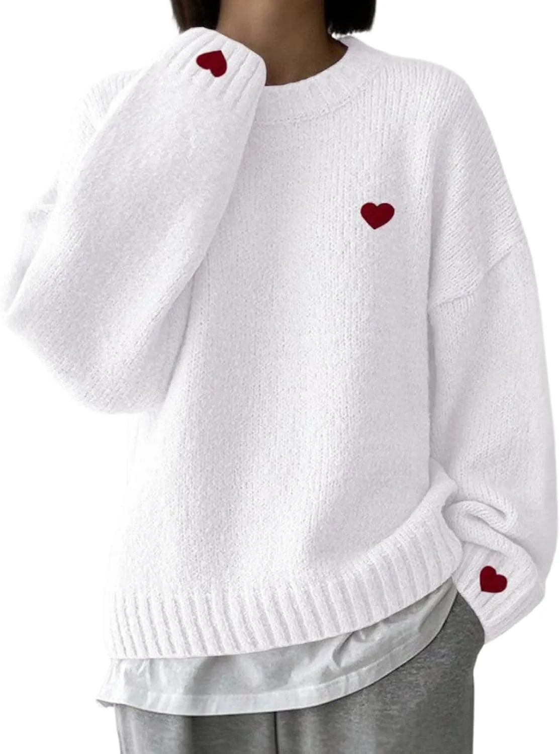 Women's 2024 Fall Fashion Long Sleeve Pullover Knit Heart Shaped Printed Sweaters Trendy Outfits