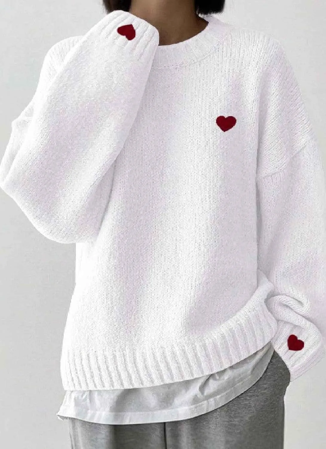 Women's 2024 Fall Fashion Long Sleeve Pullover Knit Heart Shaped Printed Sweaters Trendy Outfits