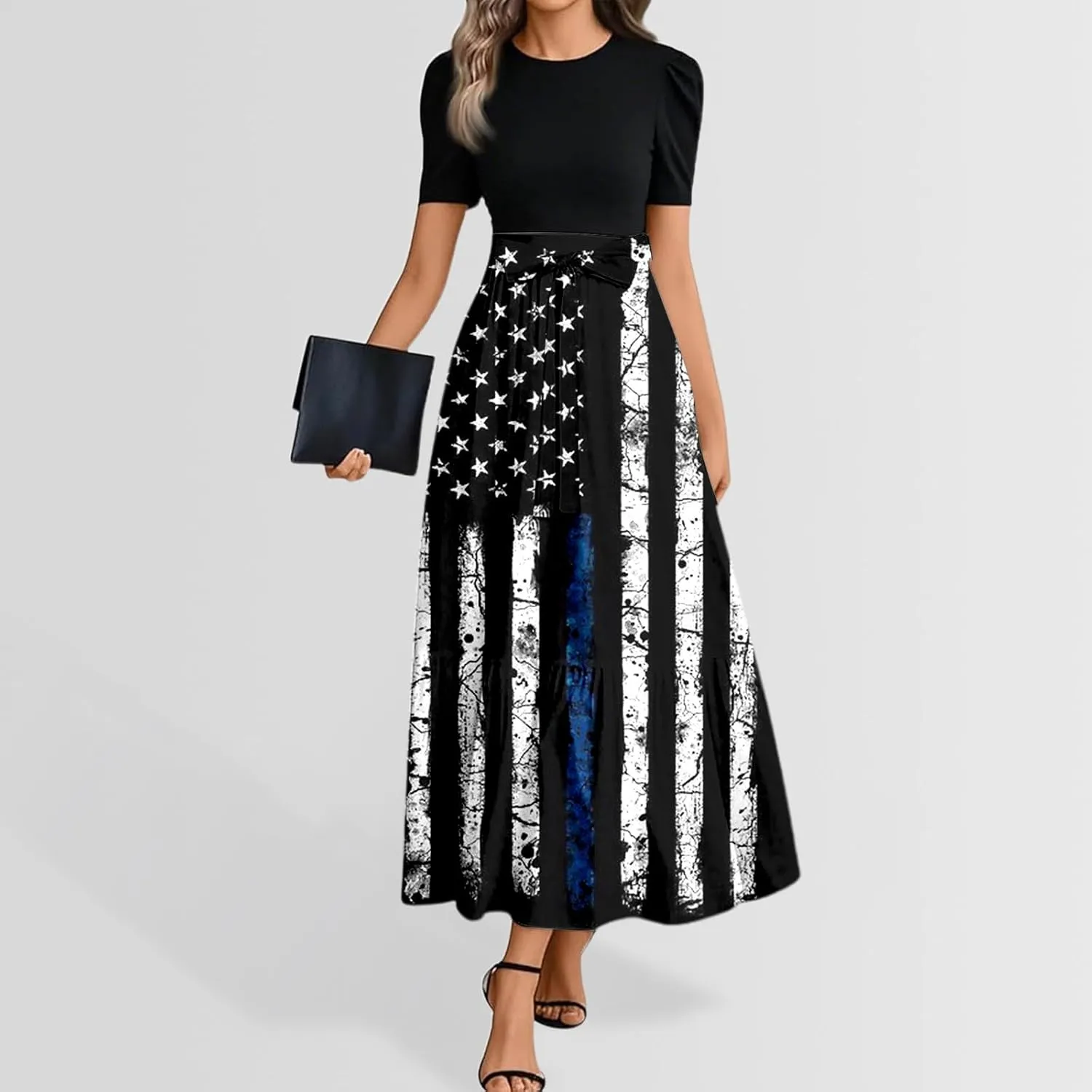 Women's American Flag Maxi Dress 4th of July Red White and Blue Patriotic USA Memorial Short Sleeve Crew Neck Dresses